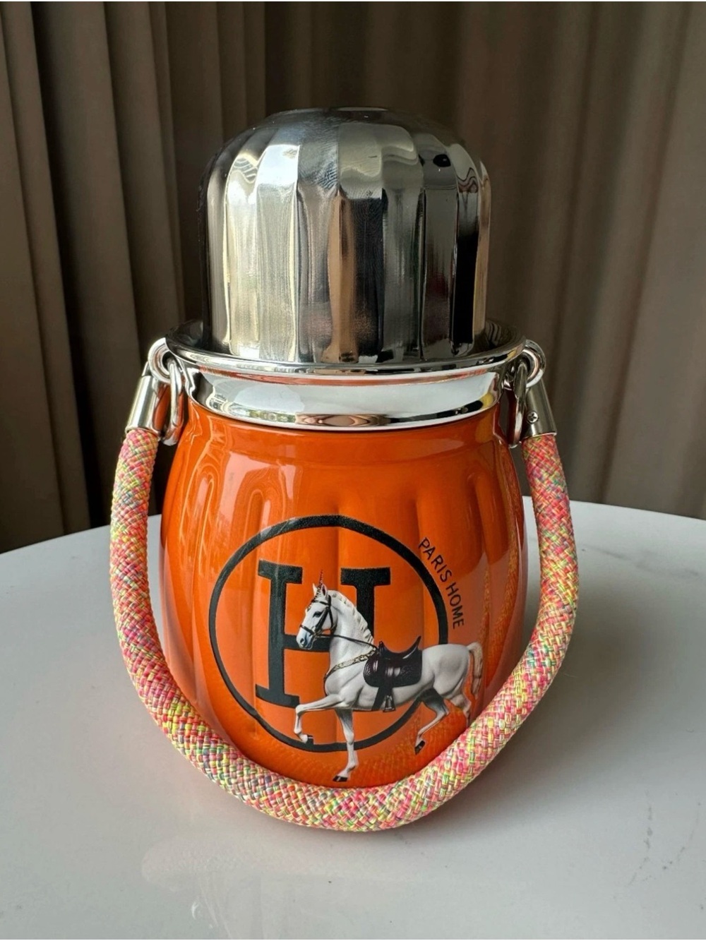 Hermes Orange Horse Print Drinkware Flask with Silver Cap - Picture 3 of 7